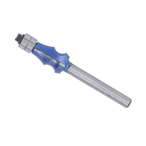 Solid Wood Router Bit 1/4 Inch Shank With Double Bearing For Trimming MDF Plywood And Particle Board Panels, featuring a blue and silver design.