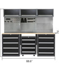 Badass Metal Workbench Station With Locking Rolling Chest Full Pegboard Setup Heavy Duty Wood Top Garage Tool Cabinet Storage System No Drill Install Needed with gray black finish.