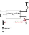 Diagram of 4 Channel Optocoupler PC817 Isolation Board with circuit components and jumper cap for Arduino projects.