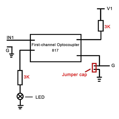 Diagram of 4 Channel Optocoupler PC817 Isolation Board with circuit components and jumper cap for Arduino projects.