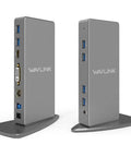 Universal Usb 3.0 Laptop Docking Station Dual Monitor HDMI VGA Gigabit Ethernet Six USB Ports Aluminum build, side view.