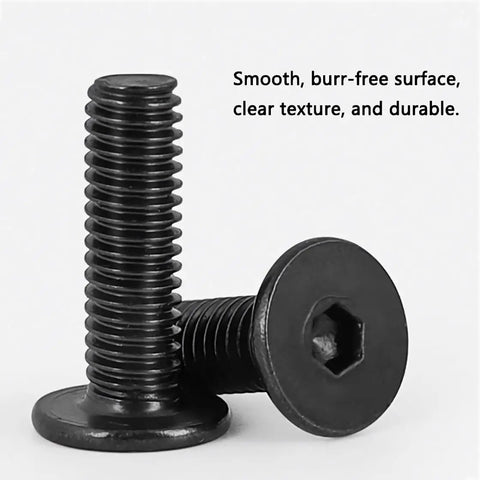 Fifty Pack Built Tough M3 X 8 mm Hex Socket Cap Bolts In 304 Stainless Steel With A Matte Black Finish, close-up view, smooth surface.