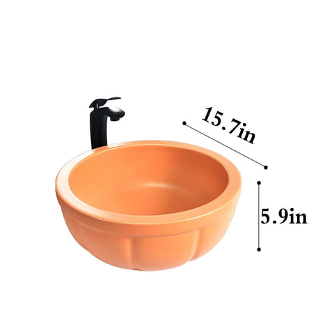 Round Sink Bowls For Bathroom Vessel Sink, 15.7 Inch Ceramic Vessel Sink With Faucet And Drainer Above Counter Bathroom Vanity Sink Bowl Art Wash Basin in orange.