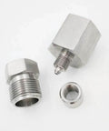 Water jet adapter set, stainless steel, 9/16F-1/4M threads; includes two adapters and a coupling nut.