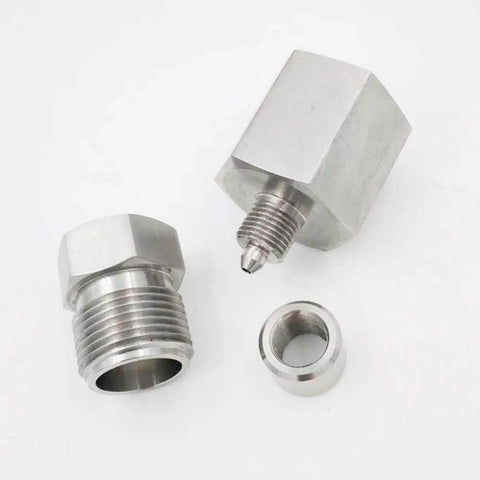 Water jet adapter set, stainless steel, 9/16F-1/4M threads; includes two adapters and a coupling nut.