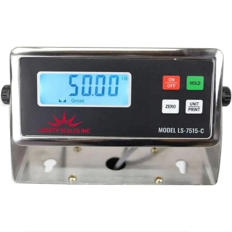 Real Deal Heavy Duty Industrial Floor Scale 60 By 60 Inch Platform With Indicator And Thermal Printer 5000 Lb Capacity display with blue backlight showing weight.