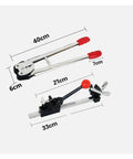 Heavy Duty Manual Strapping Machine Kit With Ratchet Tensioner And Pp Pet Sealer For Professional Grade Industrial Banding Needs Durable dual tool setup, showing dimensions and design.