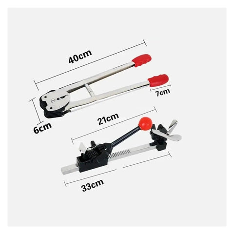 Heavy Duty Manual Strapping Machine Kit With Ratchet Tensioner And Pp Pet Sealer For Professional Grade Industrial Banding Needs Durable dual tool setup, showing dimensions and design.