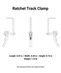 Diagram of Quick-Action Ratchet Track Clamp for Guide Rails with dimensions and weight shown below.