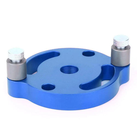 Heavy Duty Aluminum Wood Panel Hole Puncher With Ridiculously Precise Center Punching Gauge side view of the blue gauge