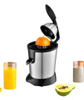 350W Electric Citrus Juicer With Stainless Steel Durable Construction And Two-Way Press Mechanism For Maximum Juice Extraction Efficiency Fine Filter Included, with orange on top.