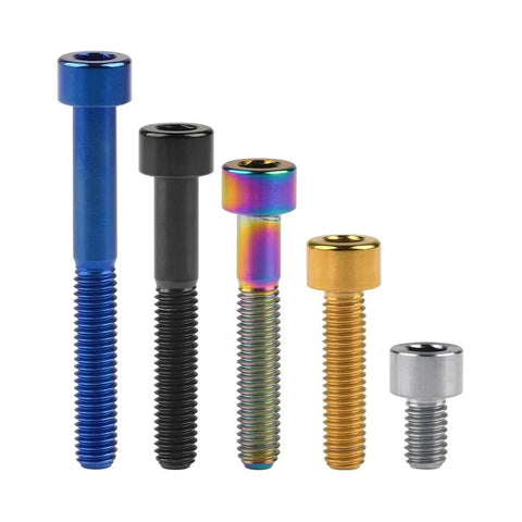 Top Shelf M6 By 15 Millimeter Titanium Grade Hex Head Bolts For Bicycle Seatpost Headset Brake System Knockout Cycle Hardware Fasteners Built Different, diverse colors and sizes of titanium hex bolts displayed.
