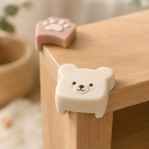 Silicone Corner Guards 16 Pack Soft Edge Protectors in bear and paw shapes on furniture for kid-safe nursery decor