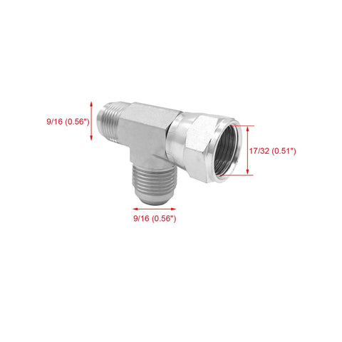 Two Pack Hydraulic Hose Adapter Fitting Set 3/8 Inch Male JIC 37 Degree Flare 9/16-18 UNF, 3/8 Inch Female JIC 37 Degree Swivel 9/16-18 UNF, 3/8 Inch Male JIC 37 Degree Flare Tee Joint Connector Carbon Steel, carbon steel tee fitting with size markings