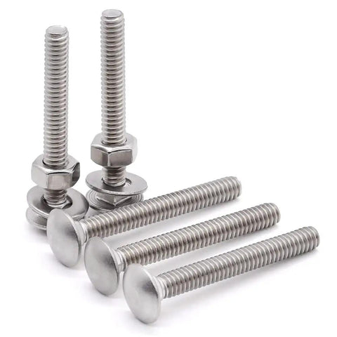 Essential 1/4 20 X 1 3/4 Inch Carriage Bolt Kit, 304 Stainless Steel With Hex Nuts And Flat Washers, close-up of bolts and nuts.