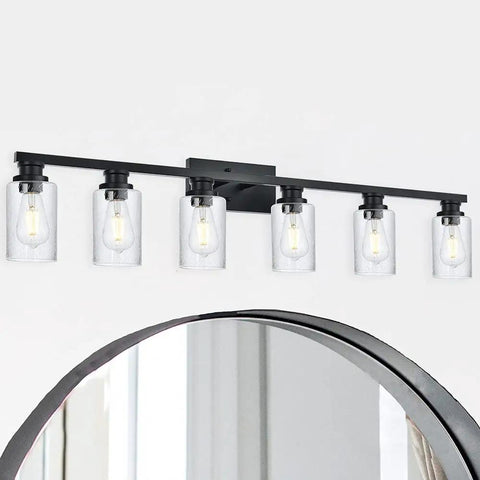 4 Light Vintage Bath Vanity Light in Matte Black Finish with Seeded Glass Shade Farmhouse Industrial Wall Sconce Easy Install