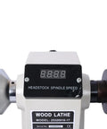 Top Shelf Benchtop Wood Lathe Machine Packing A Beefy 3/4 Horsepower Motor With Sweet 650 To 3800 RPM Adjustments showing headstock spindle speed display.
