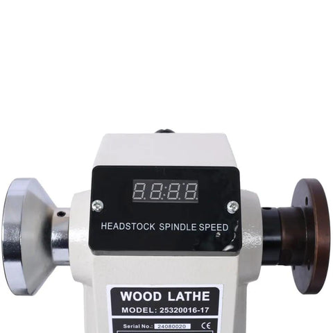 Top Shelf Benchtop Wood Lathe Machine Packing A Beefy 3/4 Horsepower Motor With Sweet 650 To 3800 RPM Adjustments showing headstock spindle speed display.