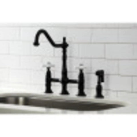 Heritage Bridge Kitchen Faucet With Two Handles And Metal Side Sprayer, 8 Inch Center Spacing, 4 Hole Mount, Dope Polished Chrome