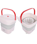 Pink 6 Liter Mini Foldable Washing Machine With Negative Ion Tech Lightweight Portable Clothes Cleaner No Sweat Cleaning On The Fly Travel Laundry Gear Quick Rinse Cycle Easy Peasy Storage showing foldable design and red handle.