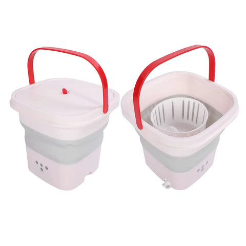 Pink 6 Liter Mini Foldable Washing Machine With Negative Ion Tech Lightweight Portable Clothes Cleaner No Sweat Cleaning On The Fly Travel Laundry Gear Quick Rinse Cycle Easy Peasy Storage showing foldable design and red handle.