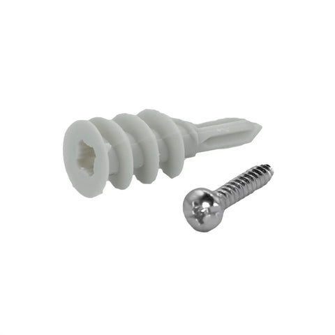 Close-up of a nylon self-drilling drywall anchor and screw from the 100 Pack Nylon Self Drilling Drywall Anchors And Screws Kit