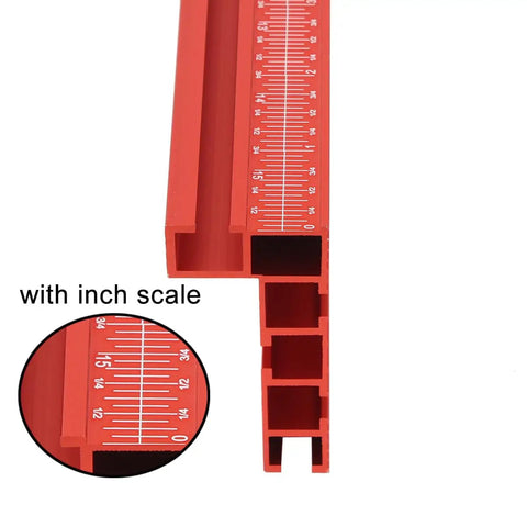 Built Tough Aluminum T Track Table Fence System With Laser Measure For Dead Accurate Miter Saw Cuts And Woodworking Projects On Portable Or Cabinet Saws showing detailed inch scale
