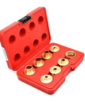 Brass Router Bushing Set, 9-Piece Pro-Grade With Guide Sizes 5/16 to 51/64 Inch, arranged in a red storage case.