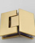 Gold hinge, angled view, for Heavy Duty Stainless Steel Shower Glass Fixed Clamp For Eight To Twelve Millimeter Glass 304 Stainless Bathroom Hinge Holds Up To Sixty Kg With Tempered Glass Easy Install 1pc.