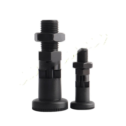 Built Tough Self Locking Return Indexing Pin Plunger With Sturdy Black Plastic Knob for precise alignment in industrial jigs.