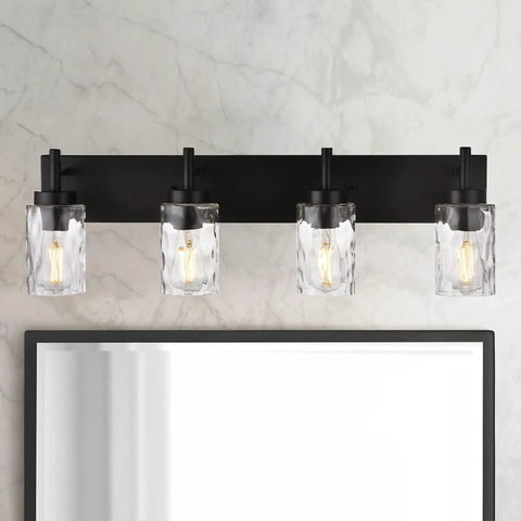 Four Light Modern Farmhouse Vanity Light With Clear Hammered Glass Shades In Black Finish For Over The Bathroom Mirror Or Hallway