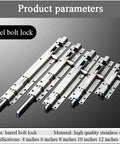 Heavy Duty Stainless Steel Slide Barrel Bolt Gate Latch Four Pack Quick Install Yard Security Lock shown with sizes 4 to 12 inches.