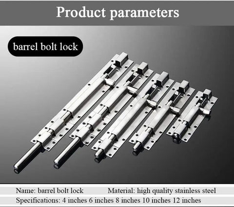 Heavy Duty Stainless Steel Slide Barrel Bolt Gate Latch Four Pack Quick Install Yard Security Lock shown with sizes 4 to 12 inches.