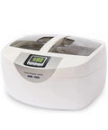 Heavy Duty 2.5L Ultrasonic Cleaner With Smart Digital Timer And Heating Element Ultra Quiet Jewelry Watch Veggie Scrubber Includes Stainless Steel Basket, white unit with digital display.