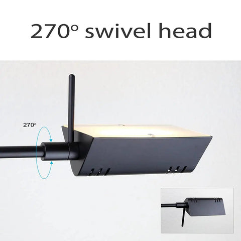 LED Desk Lamp With Full Range Dimming 12W, 1050 Lumens, 270° swivel head, black finish showing adjustment capabilities.