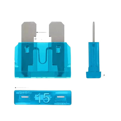 Close-up of a blue blade fuse from the Extensive Car Blade Fuse Kit With 180 300Pcs Mixed Sizes For Trucks And Motorcycles, showing size 15A.
