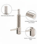 Industrial Stainless Steel Indexing Plunger Pin With Spring Loaded L Handle For Machinery Fixtures That Holds Position Dead Nuts Secure During Heavy Use, showcasing precision ground shaft and solid L-handle.
