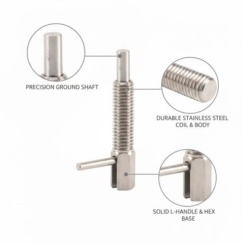 Industrial Stainless Steel Indexing Plunger Pin With Spring Loaded L Handle For Machinery Fixtures That Holds Position Dead Nuts Secure During Heavy Use, showcasing precision ground shaft and solid L-handle.