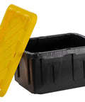 Tough As Nails 5 Gallon Plastic Storage Tote In Black And Yellow with lid off showing stackable design for garage organization.