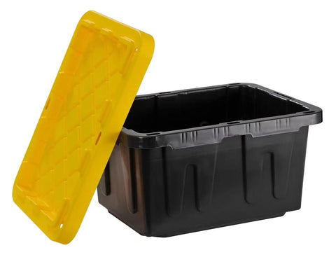 Tough As Nails 5 Gallon Plastic Storage Tote In Black And Yellow with lid off showing stackable design for garage organization.