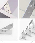 Heavy Duty Stainless Steel Angle Bracket Set Of 20 Corner Braces Tarnish And Rust Resistant Silver Shelf And Furniture Support Brackets For Cabinets Shelves And Chairs displayed in use on white surfaces.