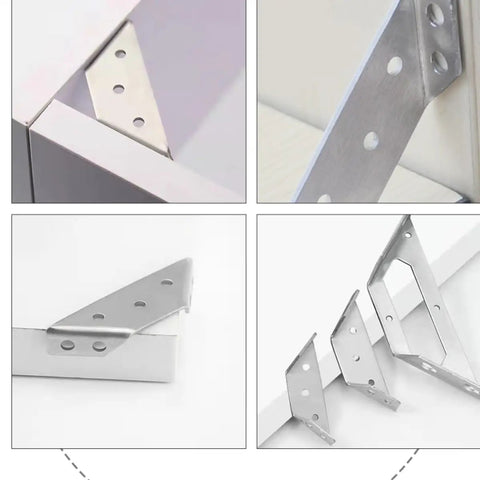 Heavy Duty Stainless Steel Angle Bracket Set Of 20 Corner Braces Tarnish And Rust Resistant Silver Shelf And Furniture Support Brackets For Cabinets Shelves And Chairs displayed in use on white surfaces.