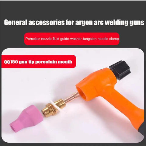Premium Alumina Ceramic Argon TIG Welding Torch Nozzles for QQ150 QQ350 QQ500 8X73MM with pink porcelain tip and orange handle.