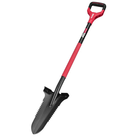 Drain Spade Garden Shovel With Root Saw And Ergonomic Oval Steel Handle, 47.2 inch long, red color