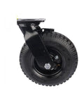 Eight Inch Pneumatic Rubber Caster Wheel Featuring Side Brake And Flanged Track Perfect For Hotel Luggage Carts Smooth Heavy Duty Roll That Glides Like A Dream Any Day Long, showing angled view of wheel.