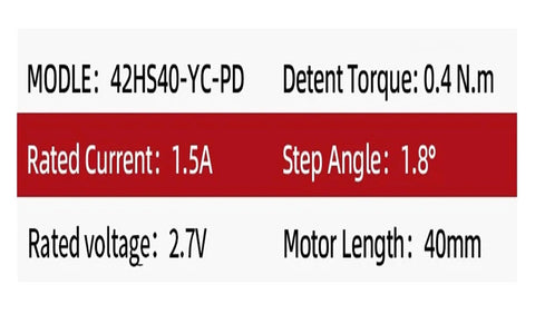 Front view of 42HS40-YC-PD stepper motor label showing detent torque 0.4 N.m, 1.5A current, 1.8° step