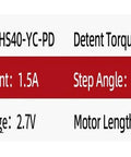Front view of 42HS40-YC-PD stepper motor label with detent torque 0.4 N·m and 1.5 A current