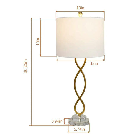 Dope Gold 30 Inch Table Lamps Set of 2, Modern Tall Skinny Buffet Lamps With Crystal Base and White Fabric Shade, dimensions shown