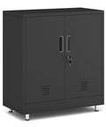 Front view of Sturdy Metal Storage Cabinet With Locking Doors And Adjustable Shelves Perfect Lockable Sideboard For Your Home Office Hallway Entryway Living And Dining In Black.