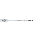 Four Piece Ratchet Set With Flexible Head And 90-Tooth Full Polish Finish For Tight Spots, Includes One Quarter, Three Eighths, And One Half Inch Drives, Teardrop Low-Profile Design, Enclosed Head Keeps Dirt Out, Multicolor, showing single polished ratchet.
